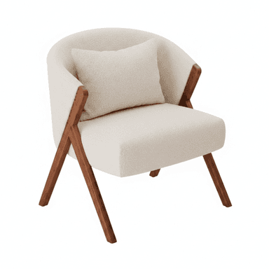 An upholstered armchair featuring a rounded barrel-back design, covered in off-white bouclé fabric, with an exposed dark wood frame that forms the armrests and splayed legs. Includes a matching lumbar pillow. — 3D model (AI enhanced source)