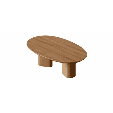 An oval-shaped coffee table with a natural wood finish. The table has a thick, rounded tabletop and two solid, block-like legs that are rounded at the edges and integrated into the underside of the tabletop. The wood grain is visible and runs longitudinally across the tabletop and vertically on the legs. — 3D model (AI enhanced source)