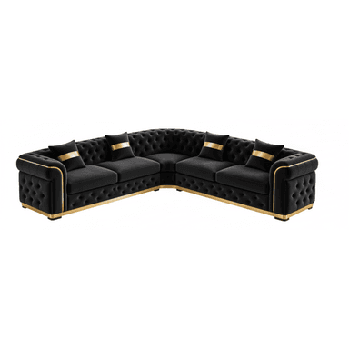 An L-shaped sectional sofa featuring deep button-tufted black velvet upholstery with prominent gold metal accents along the base and armrests. The design incorporates rolled arms, characteristic of a Chesterfield style, and includes several decorative throw pillows with a gold band design. — 3D model (AI enhanced source)