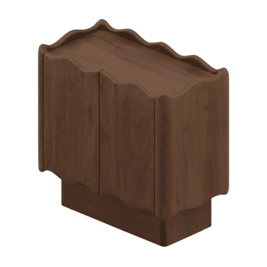A compact, rectangular storage cabinet crafted from dark-toned wood. Its distinctive feature is the undulating, wavy edge design that frames the top surface and continues down the vertical sides of the cabinet doors. The cabinet stands on a solid, rectangular plinth base. — 3D model (AI enhanced source)