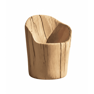A single accent chair carved from a solid piece of wood. The chair has a rounded, organic shape with a high back that curves inwards to form the seat. The exterior and interior surfaces display the natural grain and texture of the wood, including visible cracks and variations, suggesting a rustic or naturalistic design. It appears to be a low-profile chair with no visible legs, resting directly on the ground. — 3D model (AI enhanced source)