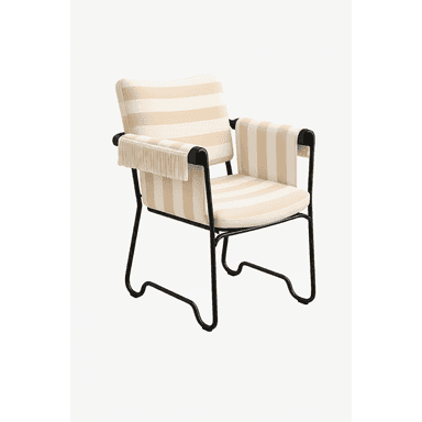An upholstered accent armchair featuring wide vertical stripes in cream and beige, a black tubular metal frame, and decorative fringe details on the armrests. — 3D model (AI enhanced source)