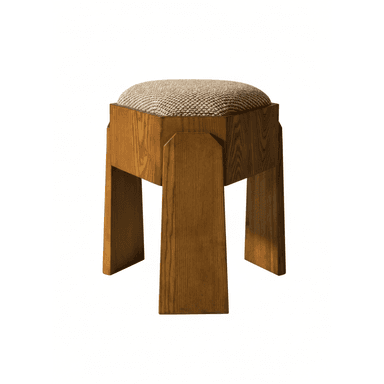 A wooden stool with a padded top. The stool features four legs with a geometric design, tapering slightly towards the bottom. The seat is square and upholstered with a textured fabric. — 3D model (AI enhanced source)