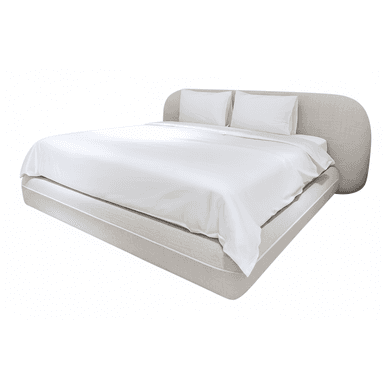 A modern, low-profile platform bed featuring light beige fabric upholstery and a distinctively rounded headboard. The bed frame is fully upholstered, creating a seamless, minimalist aesthetic. White bedding, including a duvet and two pillows, is present on the bed. — 3D model (AI enhanced source)