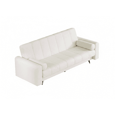 A contemporary white sofa bed featuring channel-tufted upholstery on both the seat and backrest. It has wide, flat armrests and includes two cylindrical bolster cushions. The design suggests a convertible function, allowing it to transition between a seating and sleeping arrangement. It rests on discreet, dark-colored legs. — 3D model (AI enhanced source)