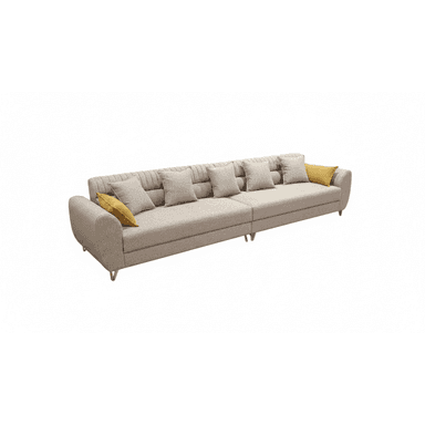 An expansive, light beige modular sectional sofa featuring multiple connected sections, channel-tufted backrests, and rounded armrests. It includes several loose back cushions, seat cushions, and mustard yellow accent pillows, supported by slender, angled metal legs. — 3D model (AI enhanced source)