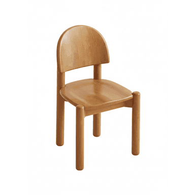 A small, light-toned wooden chair, likely for a child, featuring a minimalist design with rounded edges. The chair has a solid, curved backrest and a flat seat, supported by four thick, cylindrical legs. — 3D model (AI enhanced source)