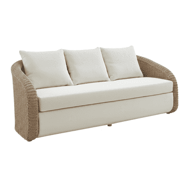 A contemporary three-seater sofa featuring a natural-toned woven rattan or synthetic wicker frame, designed with gently curved arms. It is fitted with three thick seat cushions and three matching back cushions, upholstered in a light, textured fabric, likely for outdoor use. — 3D model (AI enhanced source)