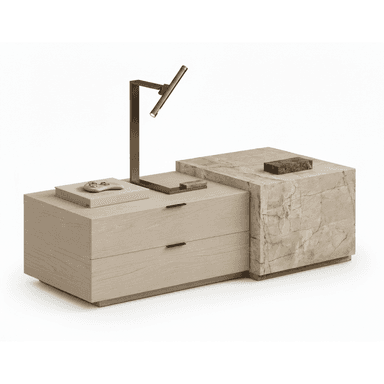 A modern nightstand featuring an asymmetrical design with a light wood section containing two drawers and an adjacent block clad in veined beige marble. A bronze-toned task lamp is integrated into the design, positioned on the wooden surface. — 3D model (AI enhanced source)