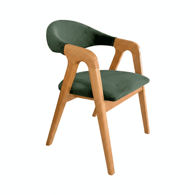 A contemporary armchair featuring a light-toned wooden frame and dark green upholstered seat and back. The design incorporates integrated wooden armrests that flow from the backrest, and four tapered wooden legs. The backrest is gently curved, providing ergonomic support. — 3D model (AI enhanced source)