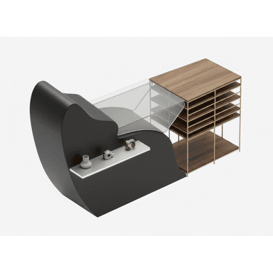 A modern, sculptural retail display counter featuring a curvilinear black matte base, a clear glass display top with a perforated metal insert, and an integrated open shelving unit. The shelving unit consists of warm walnut-toned wooden shelves supported by slender brass-finished metal frames. A small, illuminated white display shelf is incorporated into the front of the black base, showcasing smaller objects. — 3D model (AI enhanced source)