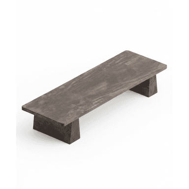 A low, rectangular bench constructed from dark, possibly stained wood, featuring a thick, solid top supported by two robust block-like legs. — 3D model (AI enhanced source)