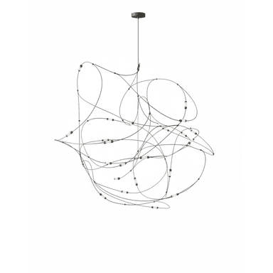 A contemporary abstract sculptural LED chandelier characterized by an intricate, free-flowing network of thin dark metal rods. Numerous small, cylindrical light sources are integrated along these rods, providing diffused illumination. The fixture hangs from a single point on the ceiling via a simple dark canopy and suspension cable, creating a dynamic, art-inspired focal point. — 3D model (AI enhanced source)