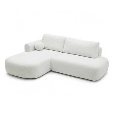 An L-shaped sectional sofa upholstered in white or off-white boucle fabric, featuring soft, rounded edges and a low-profile design. The sofa consists of two main modules: a two-seater section and a right-hand chaise lounge. It includes two back cushions, one integrated cylindrical armrest on the chaise side, and a matching spherical accent pillow. — 3D model (AI enhanced source)