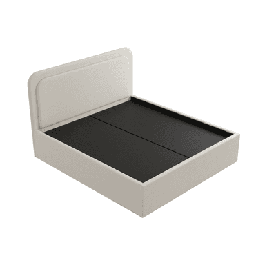 A modern platform bed featuring a light-colored upholstered frame and an integrated headboard with soft, rounded corners, designed to support a mattress without the need for a box spring. — 3D model (AI enhanced source)