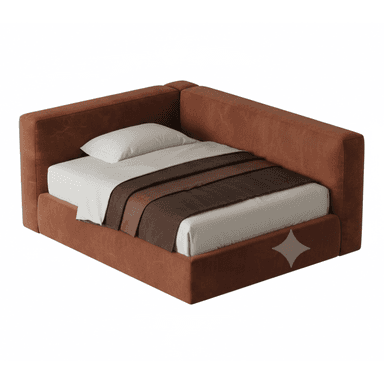 A modern upholstered single bed featuring an integrated L-shaped headboard and side rail, covered in a rich brown material, possibly faux leather or suede. The bed is made up with white sheets, a white pillow, and a layered brown throw. A subtle decorative diamond pattern is visible on the lower side panel. — 3D model (AI enhanced source)