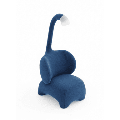 A blue, upholstered accent chair with a whimsical design. The chair features a rounded seat and backrest, with armrests integrated into the design. A prominent, curved neck-like structure extends upwards from the back, terminating in a white, dome-shaped light fixture, resembling an animal's head or a lamp. The base is low and wide, with four rounded feet. The upholstery has a textured, boucle-like finish. — 3D model (AI enhanced source)
