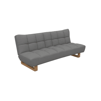 A modern futon sofa featuring gray fabric upholstery with square tufting across the backrest and seat. It is supported by a minimalist light-toned wooden base. The design is sleek and contemporary, appearing as a 3D render. — 3D model (AI enhanced source)