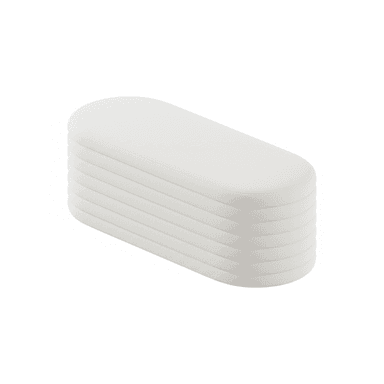An elongated, oval-shaped upholstered bench featuring a contemporary design with distinct horizontal ribbing. The piece is covered in a light, possibly off-white or cream, textured fabric, giving it a soft and minimalist appearance. Its smooth, rounded edges and consistent color contribute to a sleek, modern aesthetic. — 3D model (AI enhanced source)