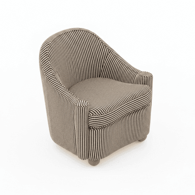A compact armchair upholstered in fabric with a black and tan vertical stripe pattern. It features a rounded back, integrated armrests, and a seat cushion. The chair is supported by four short, cylindrical wooden legs. — 3D model (AI enhanced source)