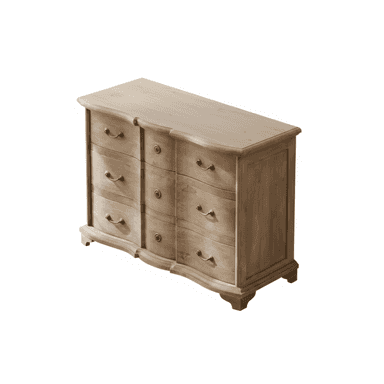 A light-colored wooden chest of drawers featuring a serpentine or bombé-style front, ornate brass hardware, and a scalloped top edge. It has six drawers arranged in two columns of three, each with two decorative pulls. The piece stands on short, subtly curved feet. — 3D model (AI enhanced source)