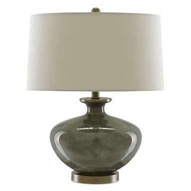 A table lamp featuring a bulbous, glazed ceramic base in a mottled green-gray finish, accented with brass hardware, and topped with a tapered off-white fabric drum shade. — 3D model (AI enhanced source)
