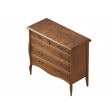 A Baroque-style chest of drawers crafted from rich brown wood, featuring a distinctive burl wood veneer top. The cabinet has a curved front profile with a total of five drawers, two smaller ones at the top and three larger ones below, each adorned with ornate antique brass pull handles. The piece is supported by elegant cabriole-style legs. — 3D model (AI enhanced source)