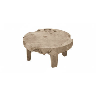 A low, circular stool or plant stand crafted from a thick, natural wood slab, featuring three robust, splayed legs. The top surface exhibits a live edge, irregular shape, and visible natural imperfections, including knots, cracks, and grain patterns. The wood appears weathered and has a light, natural finish. — 3D model (AI enhanced source)