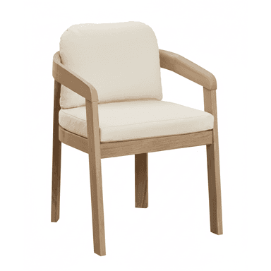 A contemporary armchair featuring a light-toned wooden frame and cream-colored upholstered cushions. The chair has a sturdy, block-like construction with straight, slightly tapered legs. The armrests are smoothly curved, extending from the backrest and connecting seamlessly to the front legs. Both the seat and back are fitted with thick, removable cushions, providing a comfortable seating experience. The design is clean and minimalist, highlighting the natural wood grain. — 3D model (AI enhanced source)