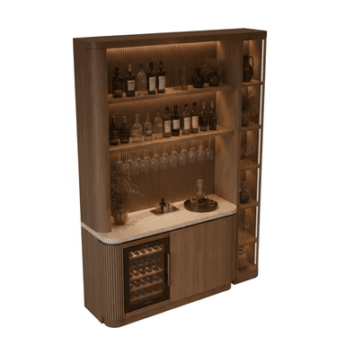 A modern, tall home bar cabinet made of fluted dark wood, featuring an integrated wine cooler, multiple display shelves with LED lighting, and a light-colored countertop for beverage preparation. — 3D model (AI enhanced source)