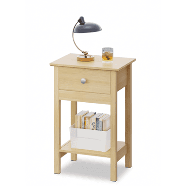 A light-colored wooden nightstand featuring a single drawer with a round silver-tone knob and an open lower shelf. The table stands on four straight, square-profile legs. A desk lamp, a glass of amber liquid, and a clear container holding books are displayed on and within the nightstand. — 3D model (AI enhanced source)