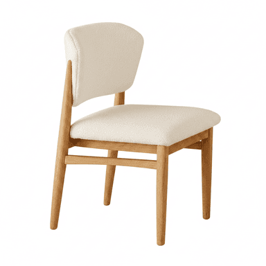 An armless dining chair featuring a light-toned wooden frame and fully upholstered seat and back in a cream bouclé-style fabric. The frame has four tapered legs, and the backrest is gently curved. — 3D model (AI enhanced source)