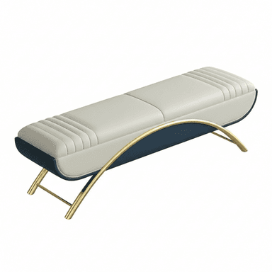 An elongated, contemporary bench featuring a two-tone upholstered top and a distinctive curved gold-finished metal base. The main seating surface is a light cream or beige, detailed with parallel channel tufting, while the side panels of the cushion are upholstered in a contrasting dark blue. The metal base forms a graceful arc beneath the bench, with additional support bars. The design suggests a modern and elegant aesthetic. — 3D model (AI enhanced source)