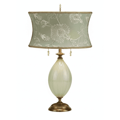 An ornate table lamp featuring a light green fabric lampshade with intricate white floral embroidery and scalloped edges, trimmed with a decorative braided cord. The shade has small beaded pulls dangling from its lower rim. The lamp's body is a segmented, ovoid form made of ribbed, translucent light green glass. It sits atop a circular, fluted base with an antique brass finish, which matches the neck and finial components. — 3D model (AI enhanced source)