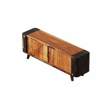 A mid-century modern media console featuring a two-tone wood construction with contrasting light and dark wood, rounded corners, and sliding doors, supported by tapered legs. — 3D model (AI enhanced source)
