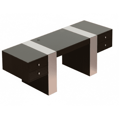 A large, modern executive desk featuring a dark brown wood body, a rectangular glass top with central lighter-colored accent strips, and two integrated two-drawer storage units. The desk is supported by two broad metallic leg panels and has a cable management grommet on its surface. — 3D model (AI enhanced source)