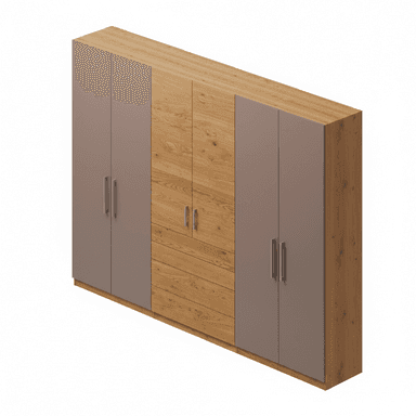 A large, multi-section wardrobe featuring a contemporary two-tone design. It combines hinged door compartments with central drawer units, all finished in a light wood grain laminate and solid grey-brown panels, equipped with modern metal bar handles. — 3D model (AI enhanced source)