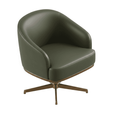 A modern swivel armchair with a barrel-shaped back and integrated arms, upholstered in a dark olive green material, likely faux leather or leather. It features a sleek, minimalist design with a visible slim band around the base of the upholstered body, which sits atop a four-pronged star base with a brushed brass finish. — 3D model (AI enhanced source)