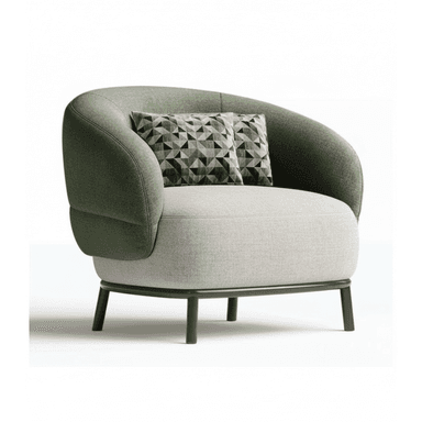 A contemporary armchair featuring a rounded, enveloping silhouette with two-tone fabric upholstery. The outer back and arms are upholstered in a textured green fabric, while the inner seat cushion and front of the armrests are in a lighter, smooth grey. The chair is supported by a black-finished metal frame that forms the base and legs. Two small throw pillows with a geometric pattern rest against the backrest. — 3D model (AI enhanced source)