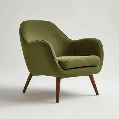 A single olive green upholstered lounge chair featuring a curved, enveloping backrest and integrated armrests. It has a separate, rectangular seat cushion and stands on four splayed, tapered wooden legs. — 3D model (AI enhanced source)