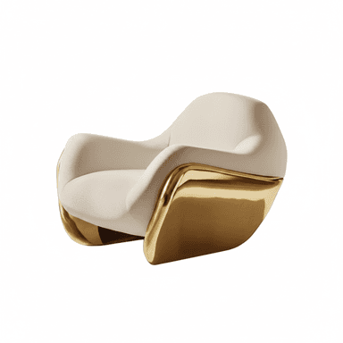 A contemporary lounge chair featuring a plush, light-colored upholstered seat and back, supported by a distinct, highly polished gold-tone metal base that wraps around the lower portion of the chair. — 3D model (AI enhanced source)