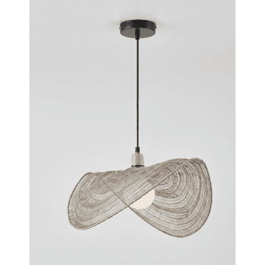 A pendant light featuring a unique, wavy, organic-shaped shade made from a woven textile or natural fiber, suspended by a black cord and ceiling plate. — 3D model (AI enhanced source)