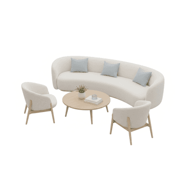 A modern living room furniture set featuring a curved, cream-colored boucle sofa with three light blue cushions, two matching cream boucle armchairs with light wooden frames, and a round light wooden coffee table adorned with a small plant and books. — 3D model (AI enhanced source)