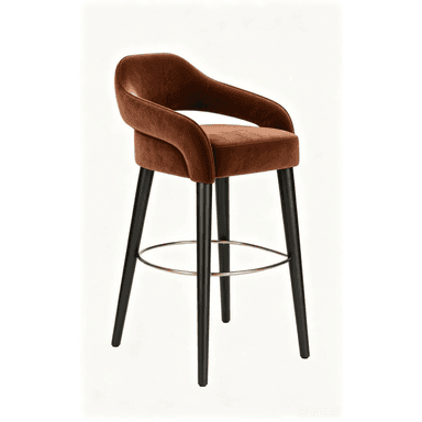 An elegant bar stool with a brown velvet upholstered seat and backrest, featuring black tapered wooden legs and a brass footrest ring. — 3D model (AI enhanced source)