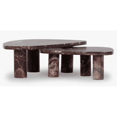 A set of two nesting tables crafted from reddish-brown marble, featuring distinct white, grey, and black veining. The tables have rounded tabletops—one appearing semicircular and the other an elongated oval—supported by robust cylindrical marble legs. — 3D model (AI enhanced source)
