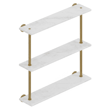 A three-tier wall-mounted shelving unit featuring rectangular white marble shelves supported by slender, vertical brass rods. The design is minimalist and elegant, suitable for modern interior spaces. — 3D model (AI enhanced source)