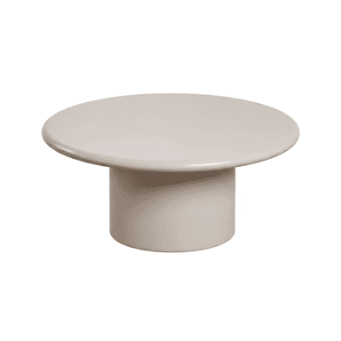 A low-profile, round coffee table with a substantial cylindrical pedestal base, finished in a uniform light greige or taupe color. The design is modern and minimalist, featuring clean lines and a monochromatic appearance. — 3D model (AI enhanced source)