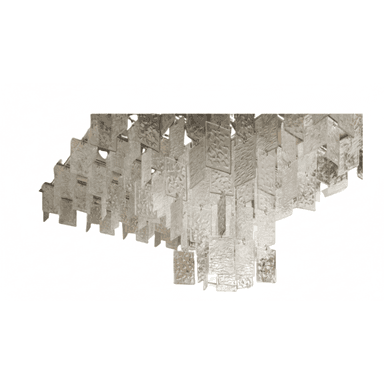 A multi-tiered chandelier featuring numerous rectangular glass panels. The glass appears to be textured or rippled, with a frosted or opaque finish in some areas and clear in others. The panels are suspended in a staggered arrangement from a metallic frame, creating a cascading effect. The overall impression is of a decorative lighting fixture designed to distribute ambient light. — 3D model (AI enhanced source)