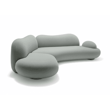 A contemporary, L-shaped sectional sofa featuring organic, rounded, and biomorphic forms, upholstered in a light green, textured fabric. Its design emphasizes soft lines and a cohesive, flowing silhouette. — 3D model (AI enhanced source)