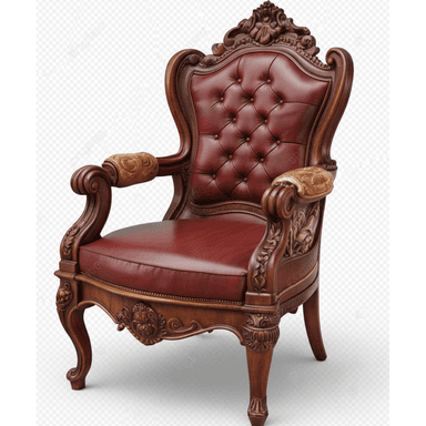 A highly ornate armchair featuring a dark, carved wooden frame and rich burgundy tufted leather upholstery. The chair exhibits intricate floral and acanthus leaf carvings on its high backrest, armrests, and apron. It has rolled armrests with carved embellishments and cabriole legs, characteristic of Baroque or Rococo design styles. The backrest is deeply button-tufted, and the seat is a smooth, cushioned leather pad. — 3D model (AI enhanced source)